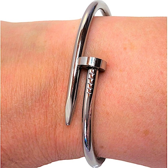 Silver Plated Nail Screw Tack Bangle Minimalist Punk Bracelet - Picture 1 of 10